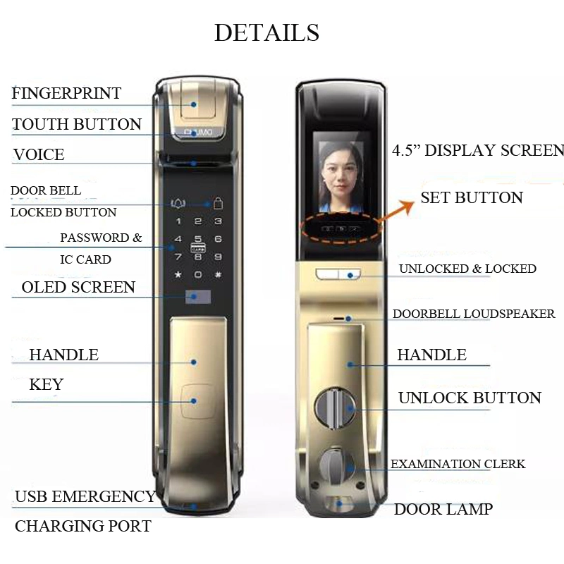 4.5&ldquo; HD Screen Visible Fingerprint Smart Door Lock with Floor Light